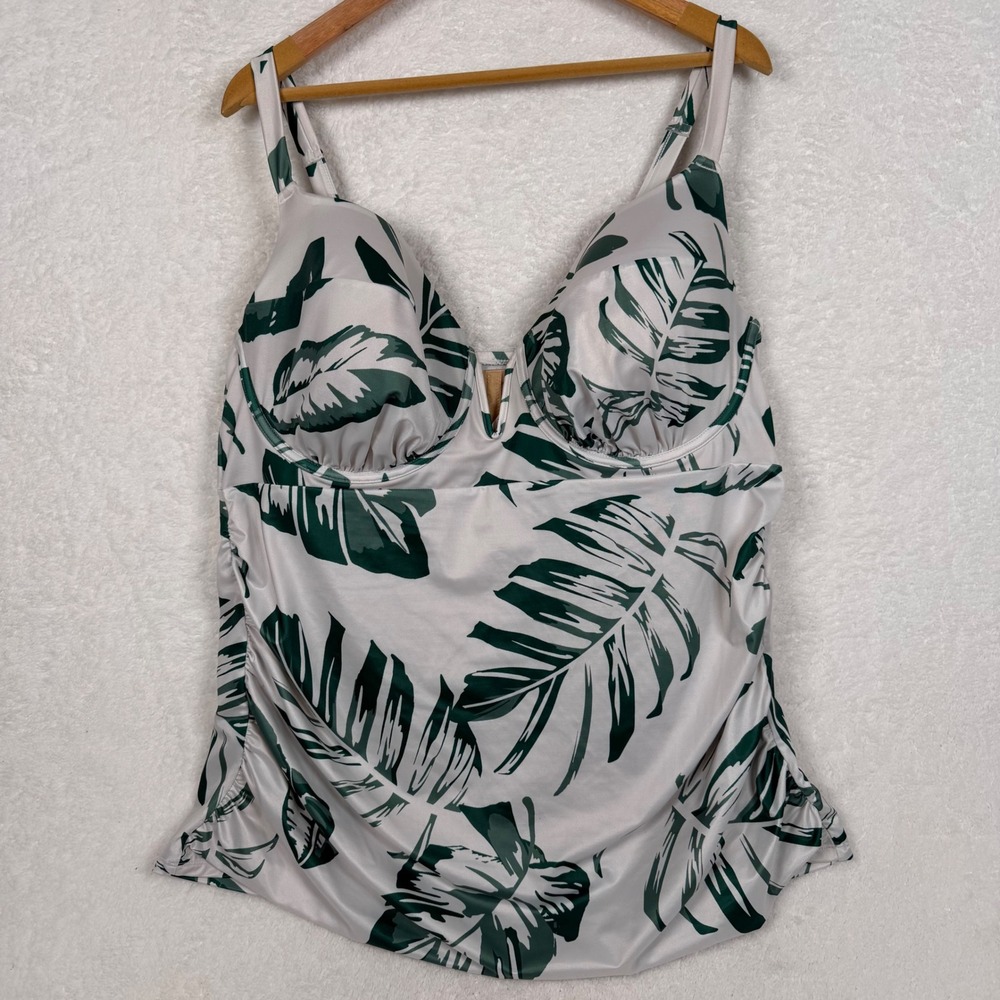 Cacique Tankini Top Womens 46DDD Green White Tropical Palm Lightly Lined Plunge